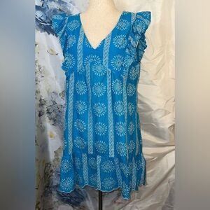 Umgee Teal Dress with White Eyelet Embroidery Ruffle sleeve Tiered ruffle skirt